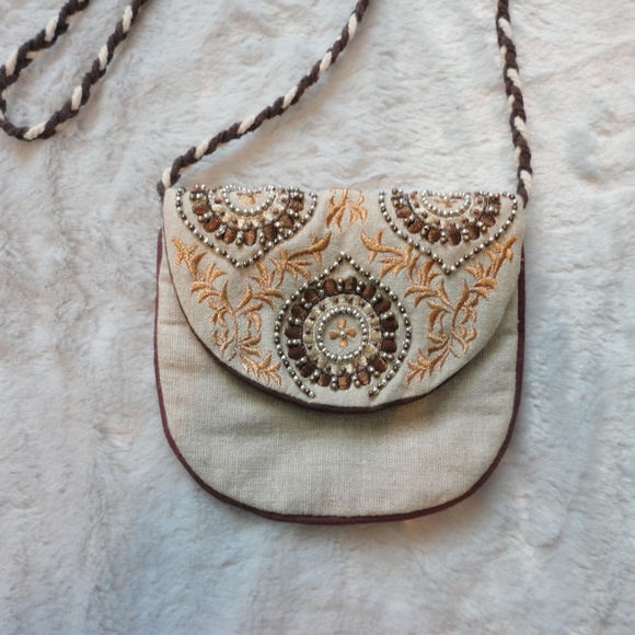World Market Handbags - Tan and Brown Embroidered & Beaded Small Crossbody